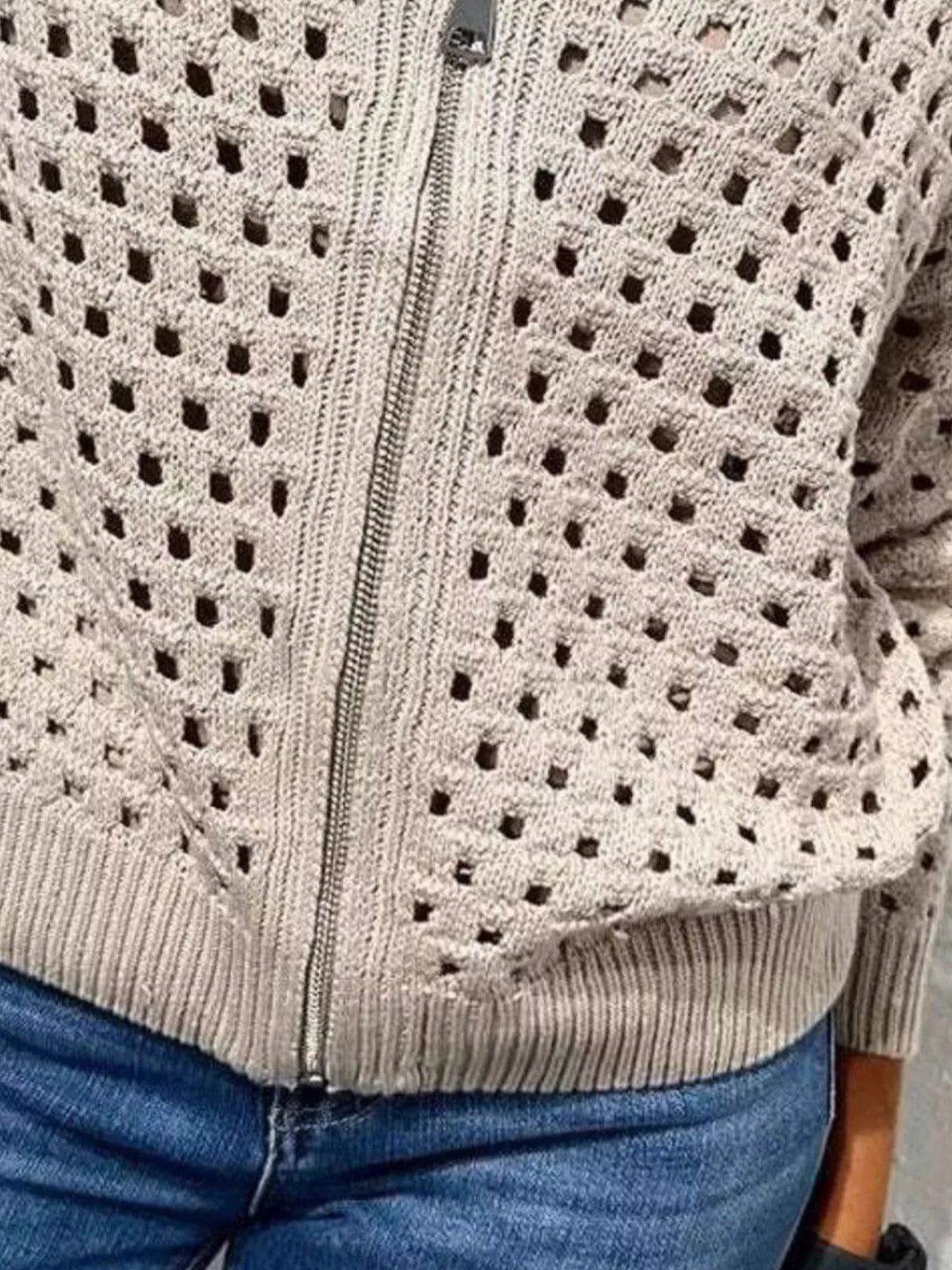 Open-knit zip-up bomber cardigan with ribbed trim
