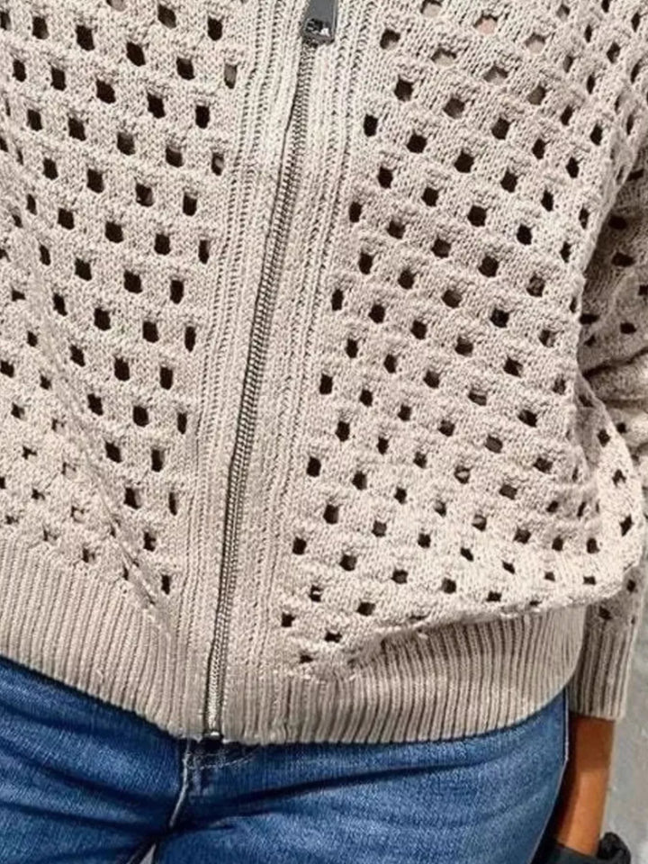 Open-knit zip-up bomber cardigan with ribbed trim