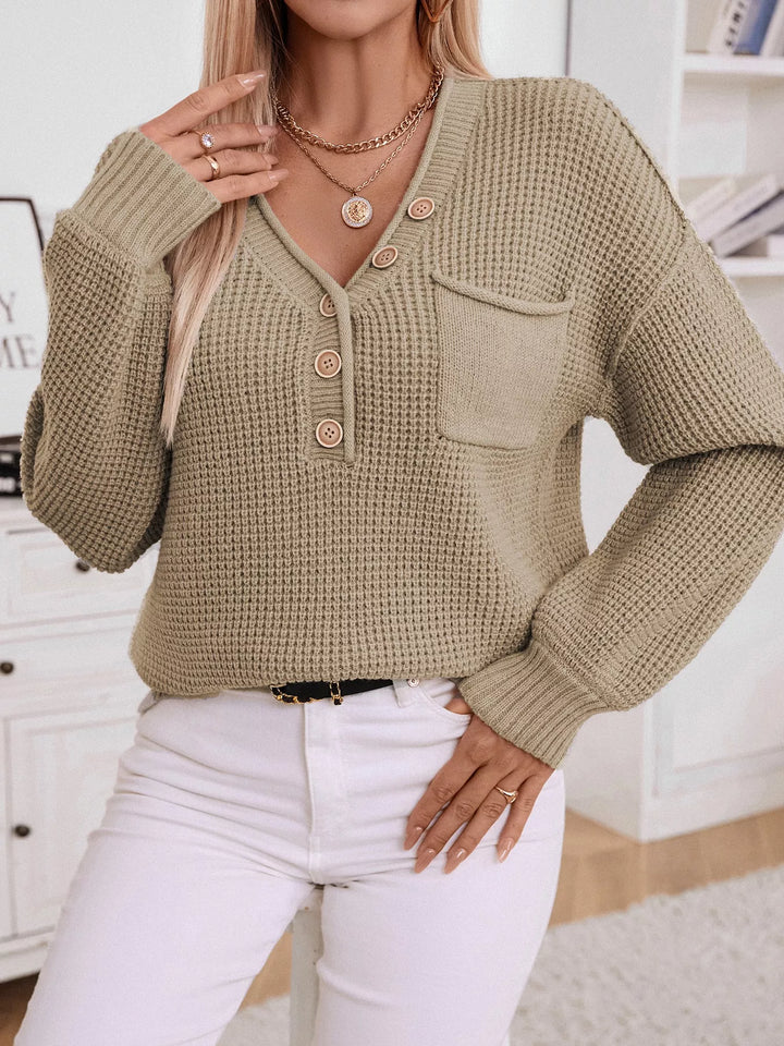 Waffle knit button-front V-neck sweater with chest pocket