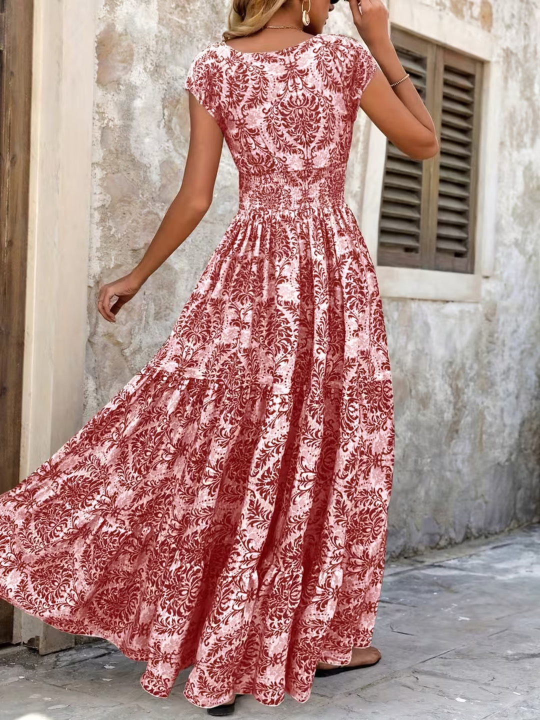 Smocked tiered maxi dress with cap sleeves and side slit