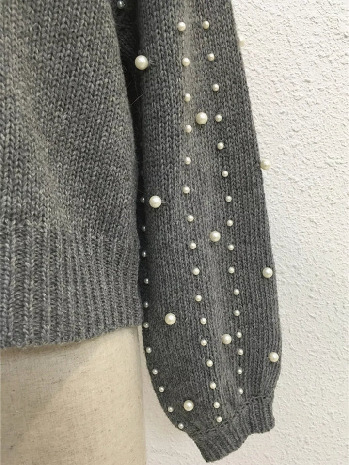 Pearl-embellished mock neck sweater with balloon sleeves