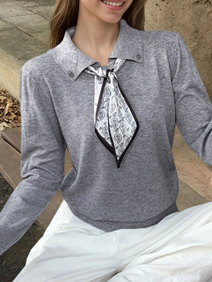 Scarf-tie collared long sleeve knit sweater
