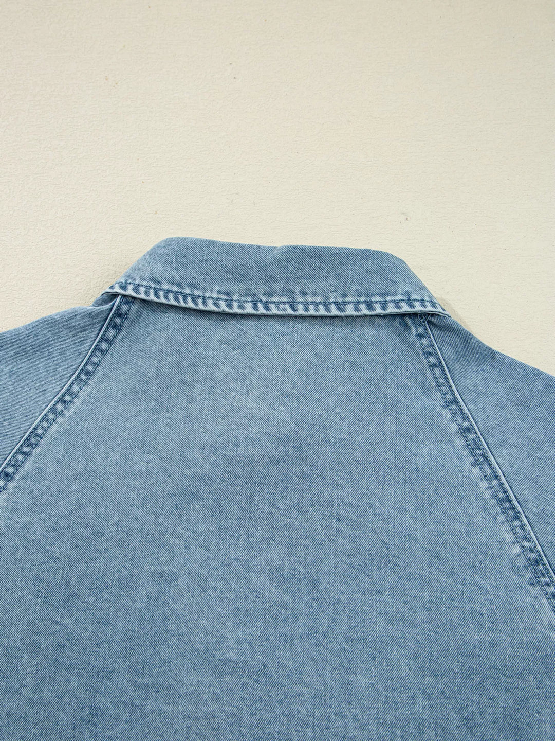 Smocked cuff flared denim mini shirt dress with patch pockets