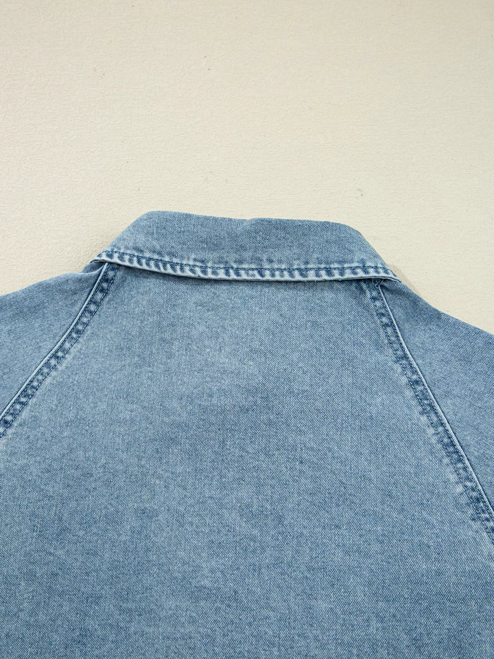Smocked cuff flared denim mini shirt dress with patch pockets