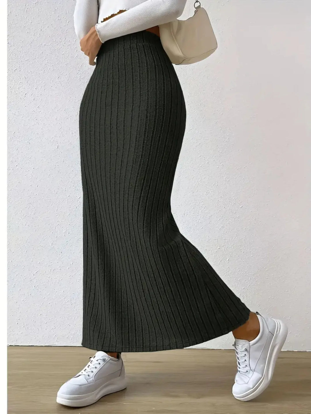 Black Ribbed knit high-waist maxi skirt with front slit
