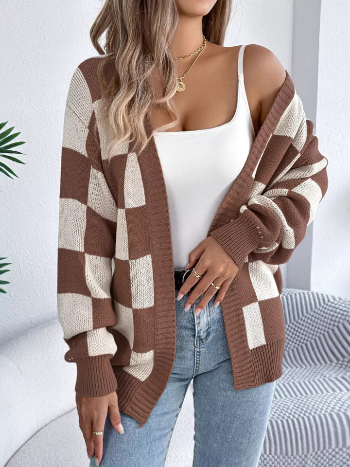 Checkerboard open front knit cardigan with ribbed trim