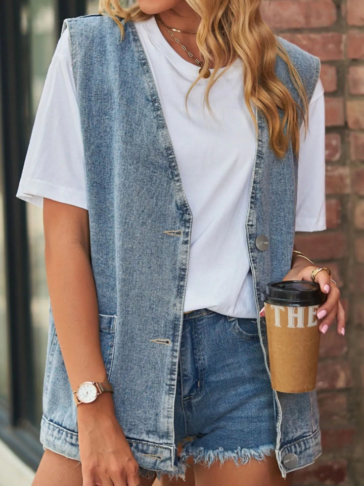 Sleeveless button-down denim vest with patch pockets