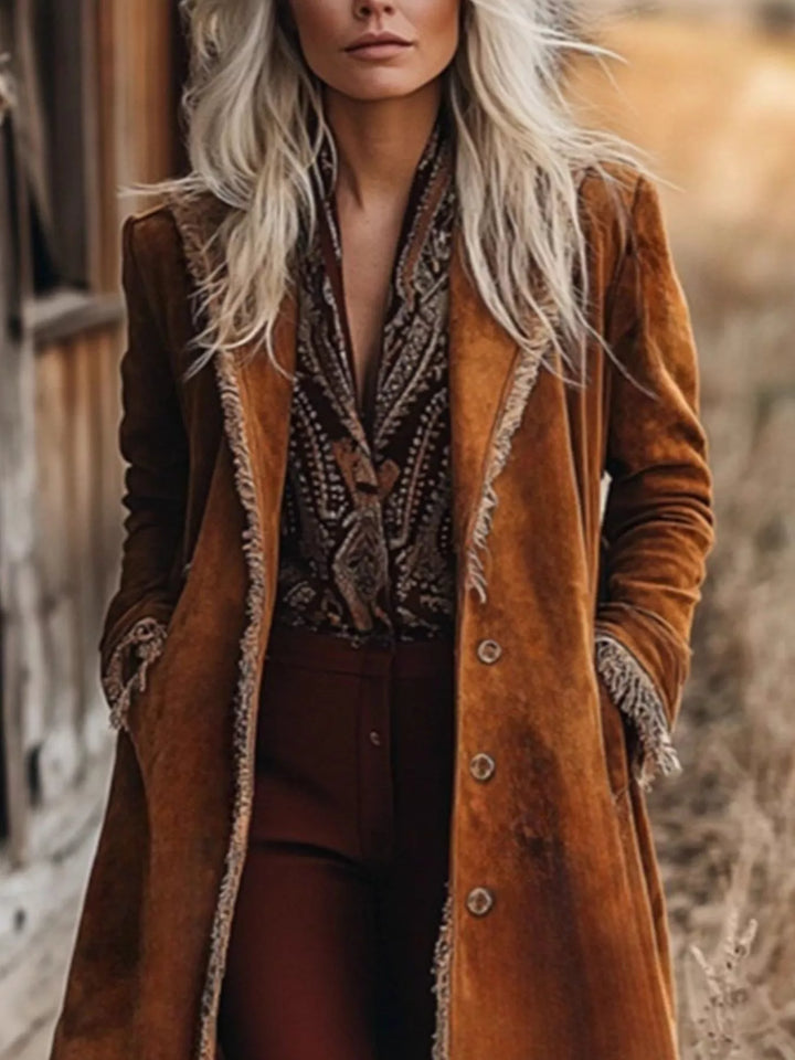 Fringe trim longline duster coat with button front
