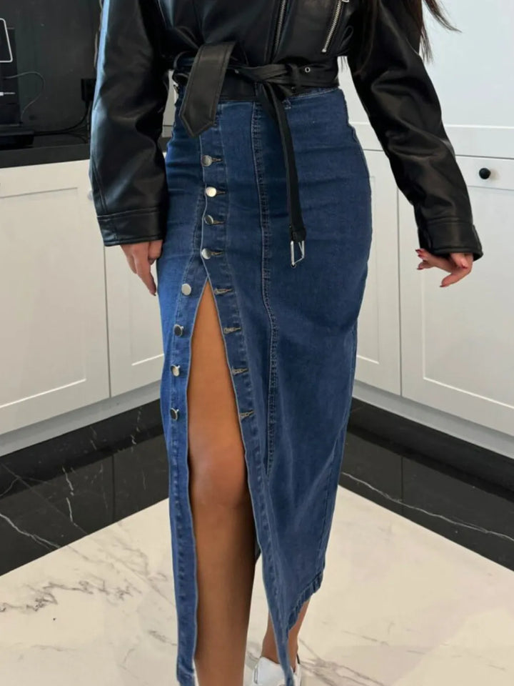 High-waist front-button slit midi denim skirt