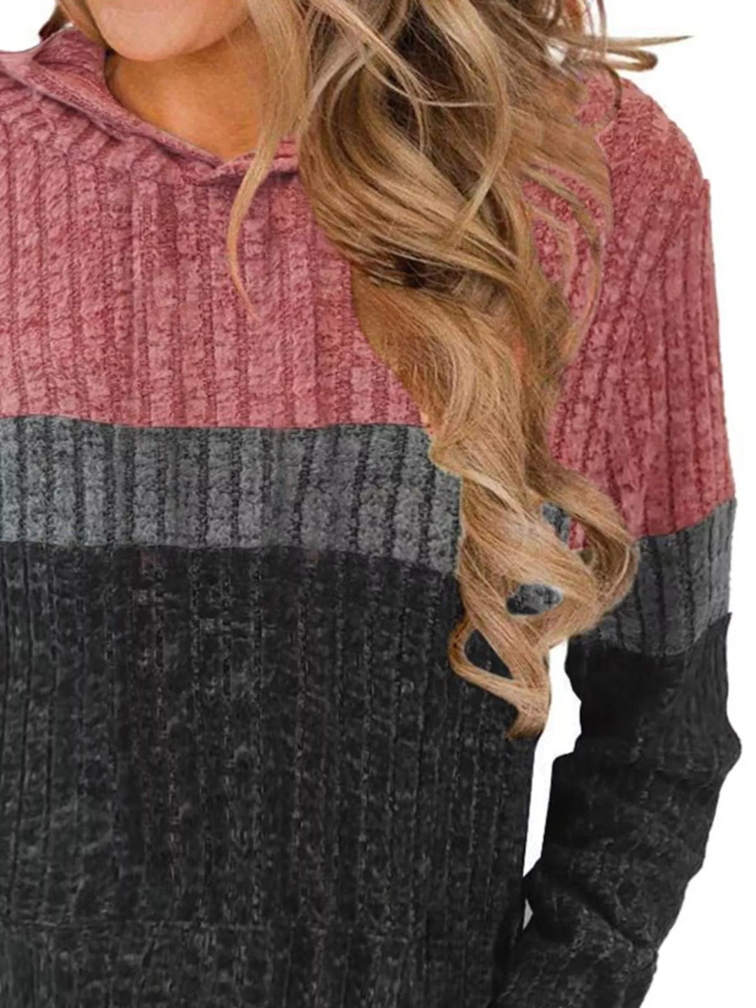 Color block ribbed knit hoodie with kangaroo pocket
