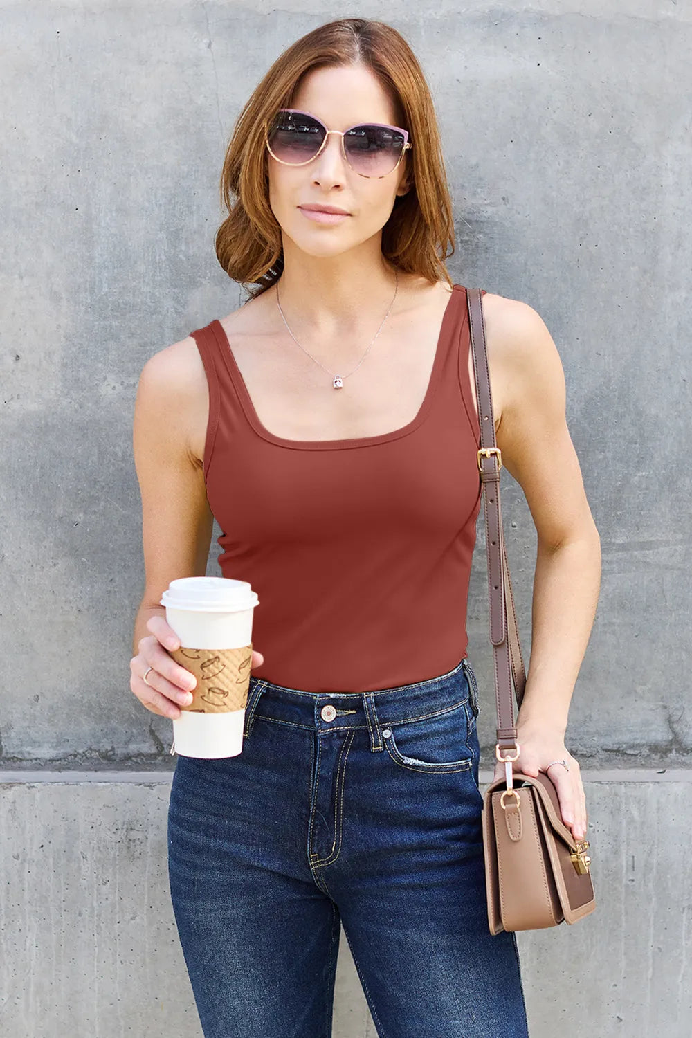 Deep Red Square neck wide-strap tank top with stretch