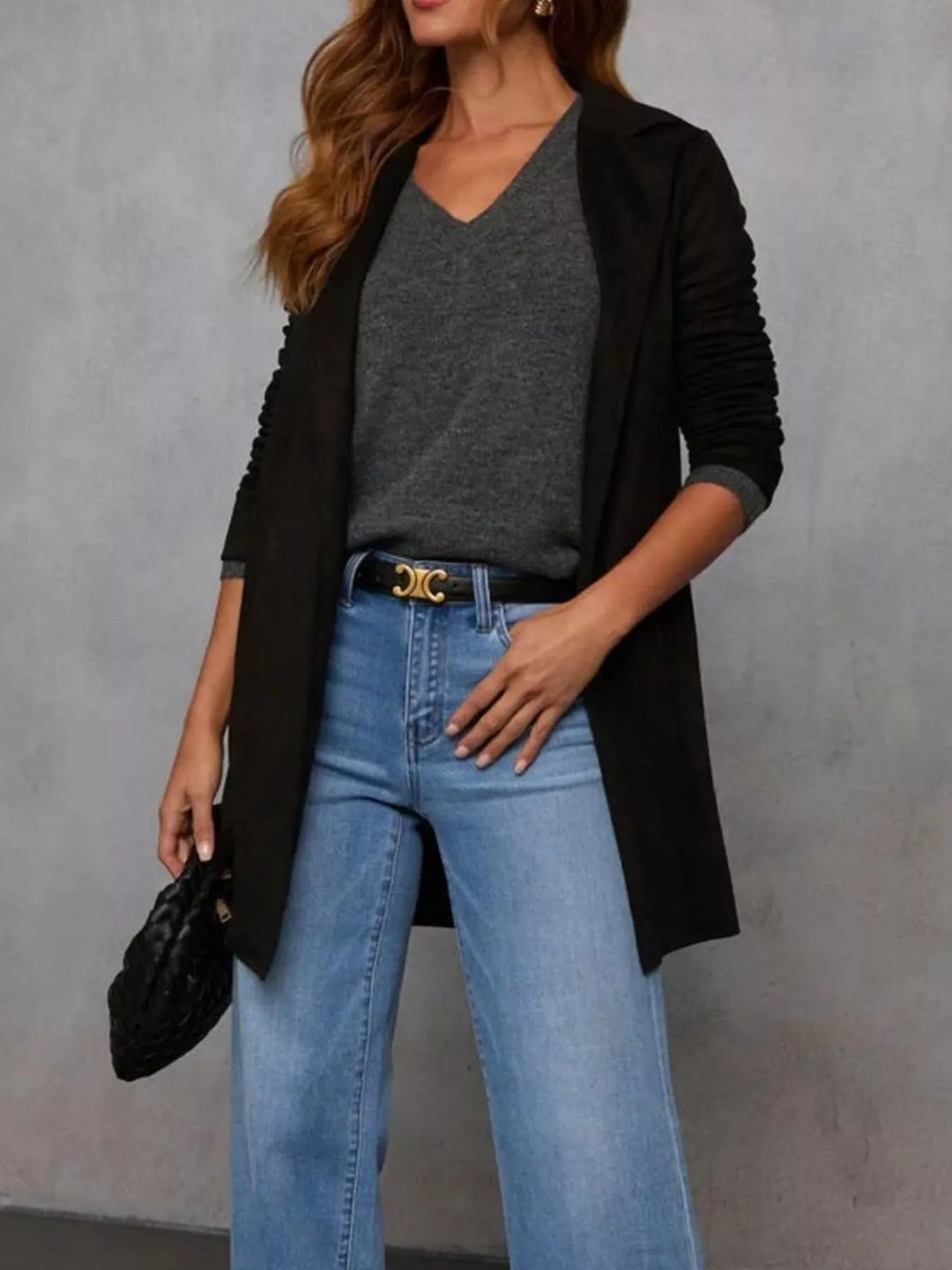 Open-front longline coat with notched lapel collar