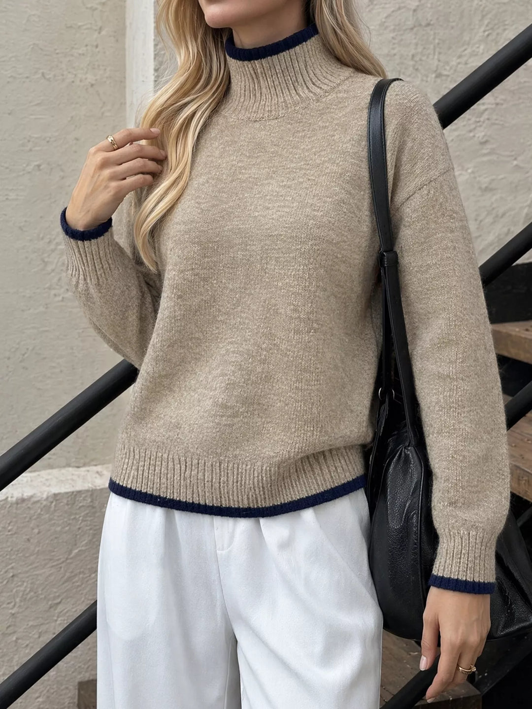 Contrast tipped mock neck sweater with ribbed trim