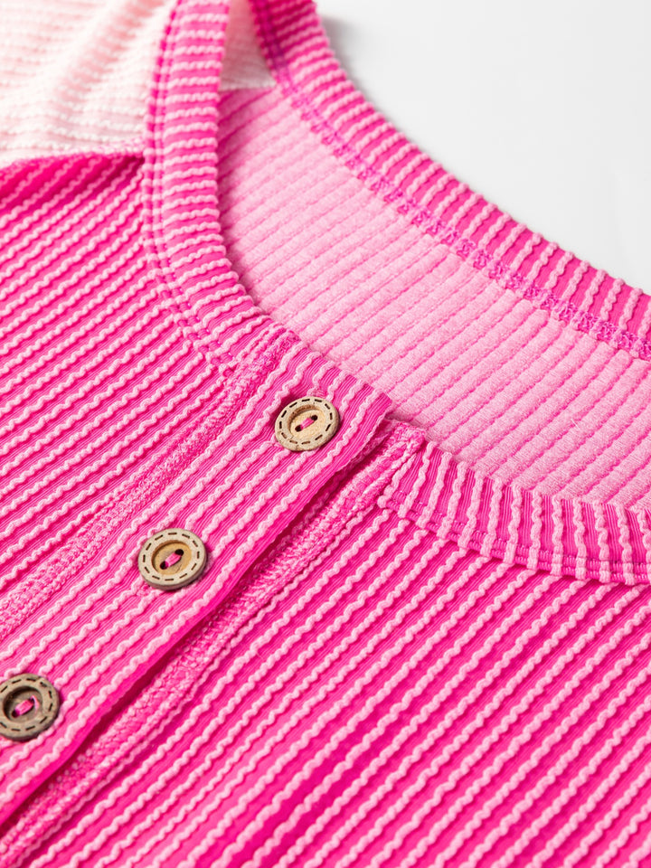 Color-block ribbed henley top with wood button placket