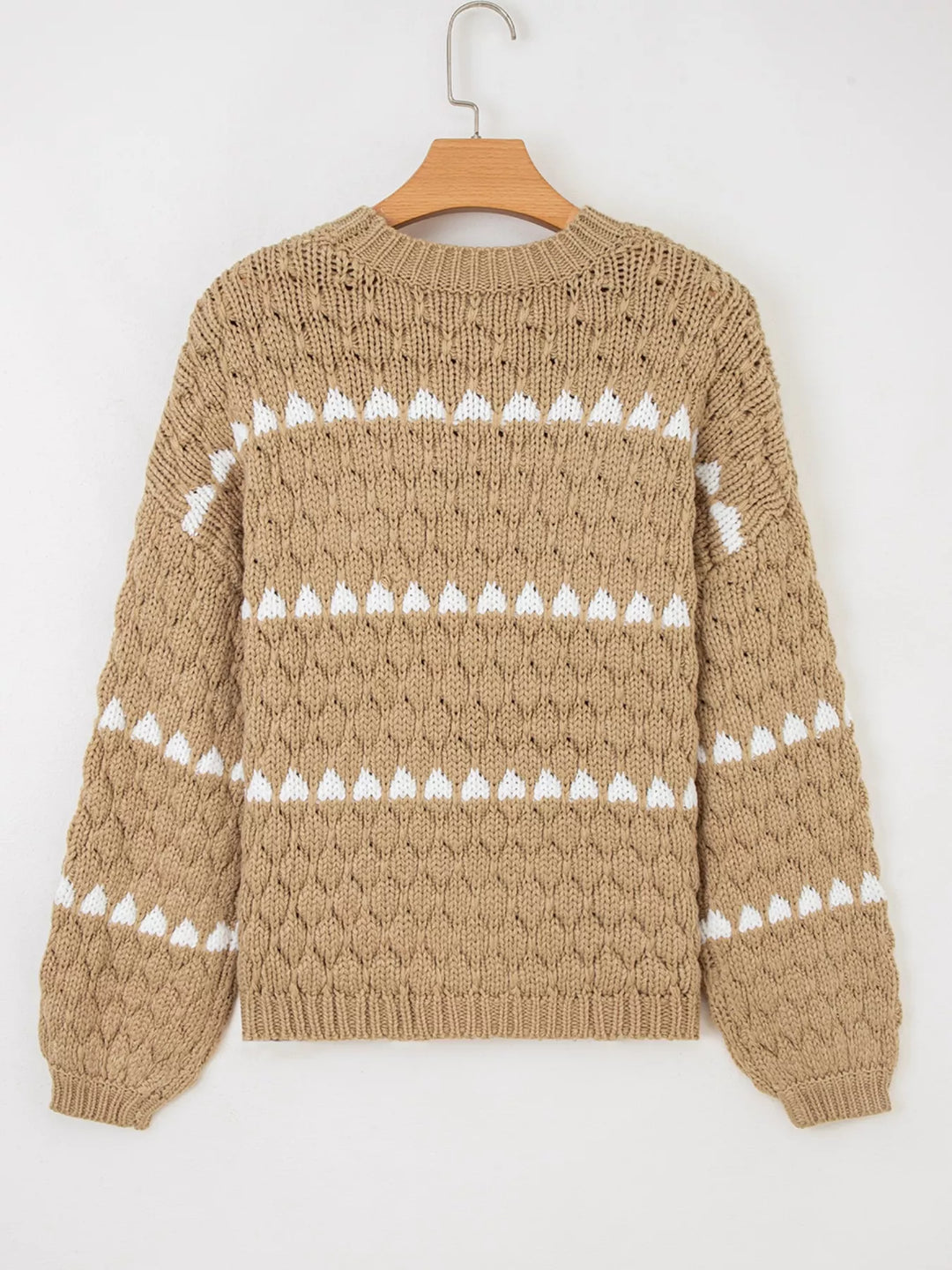 Textured knit puff sleeve sweater with contrast stripe detail