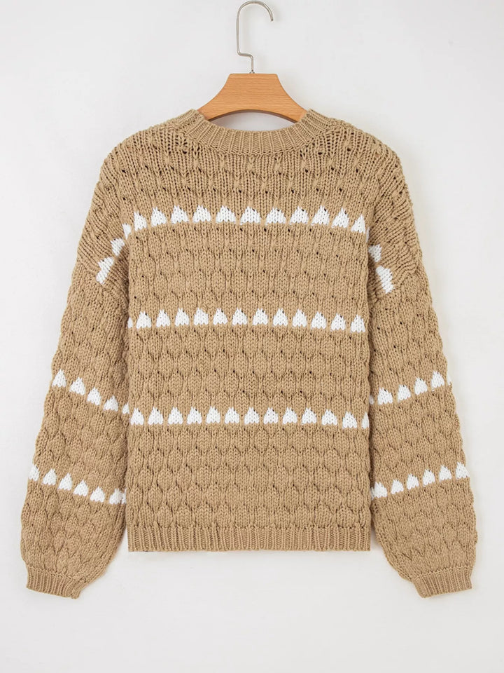 Textured knit puff sleeve sweater with contrast stripe detail