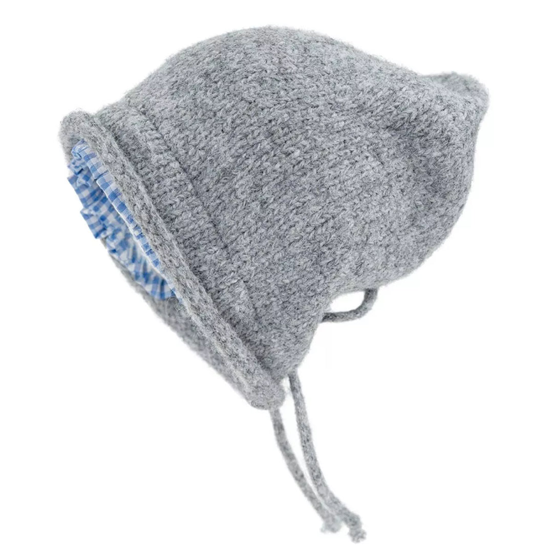 Gingham ruffle trim knit bucket hat with soft brim