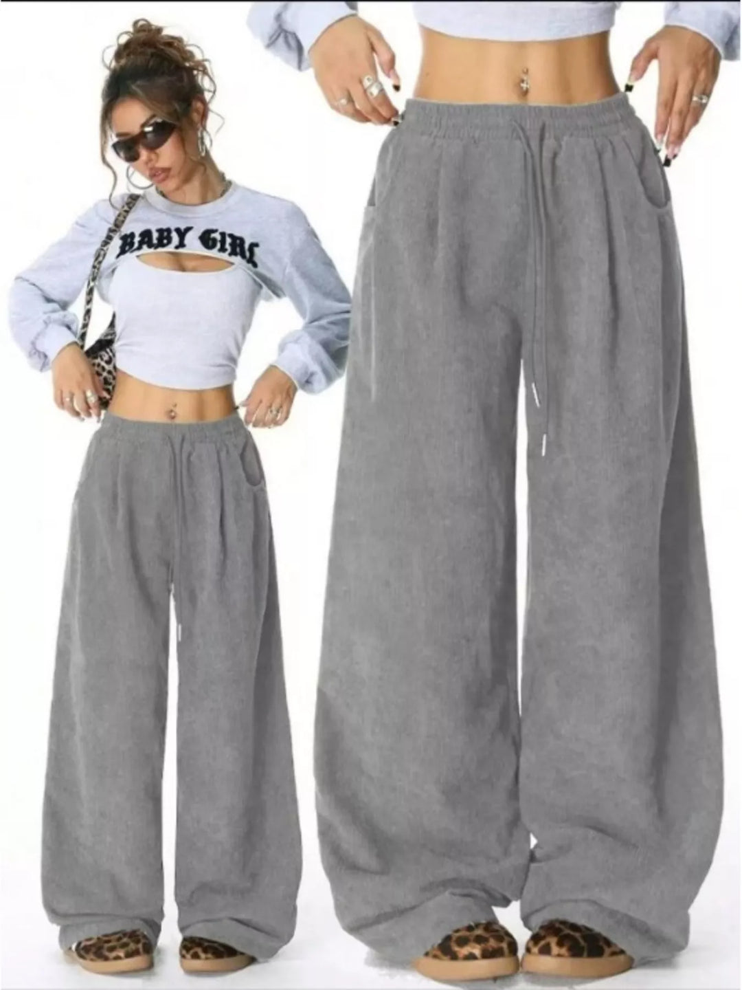 Corduroy wide-leg pants with drawstring waist