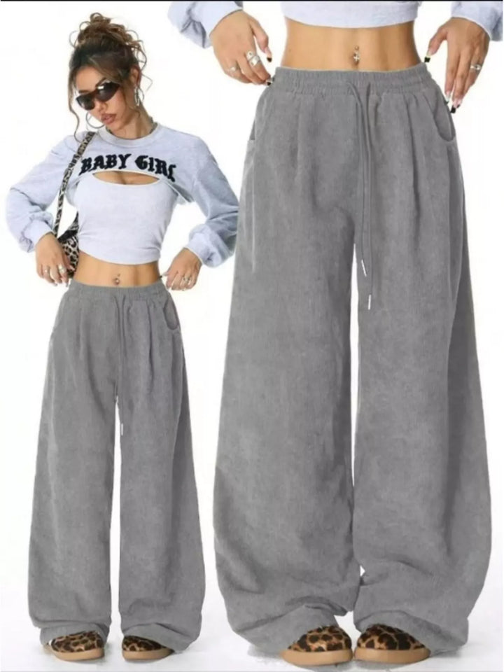 Corduroy wide-leg pants with drawstring waist