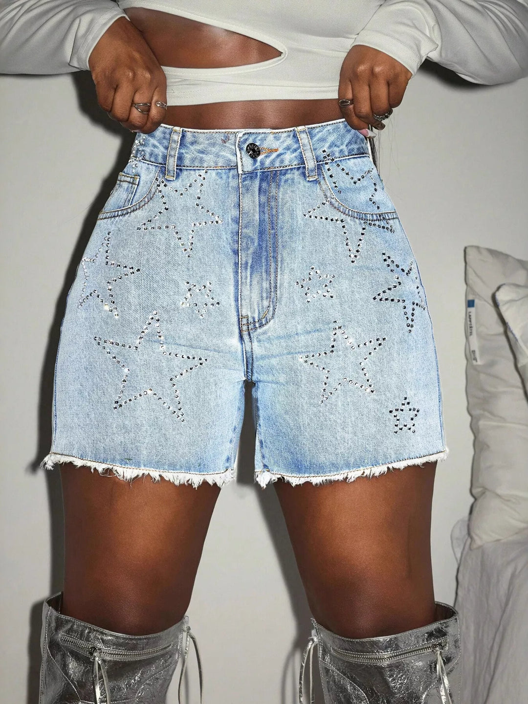 Rhinestone star high-rise raw hem denim shorts