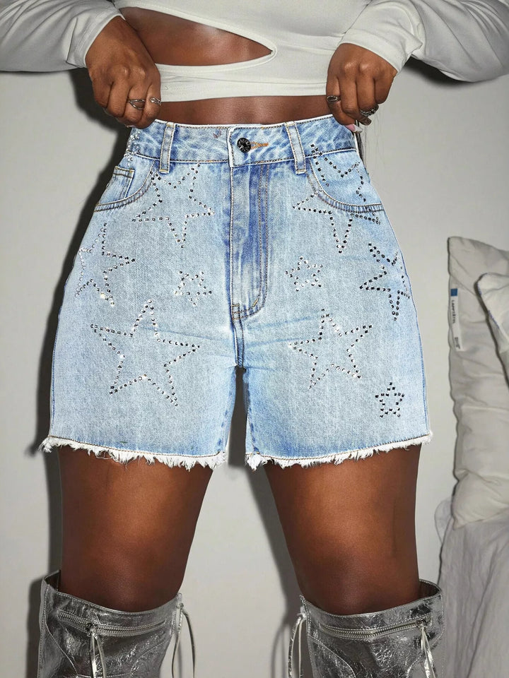 Rhinestone star high-rise raw hem denim shorts