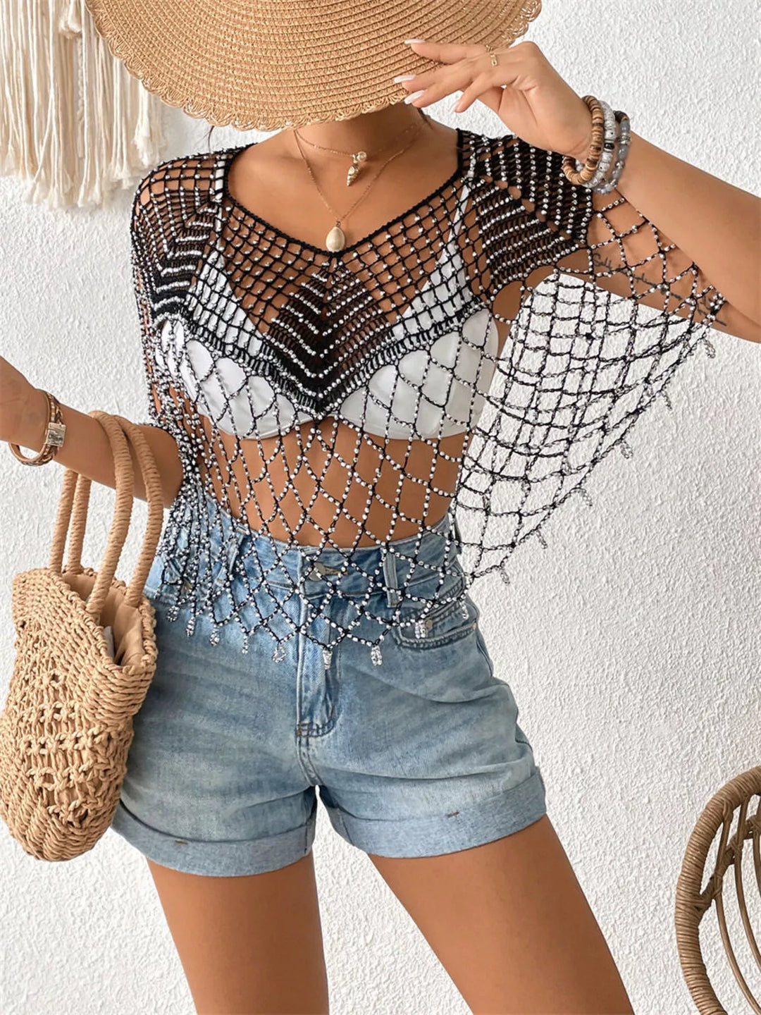 Black Beaded crochet v-neck open-weave cover-up