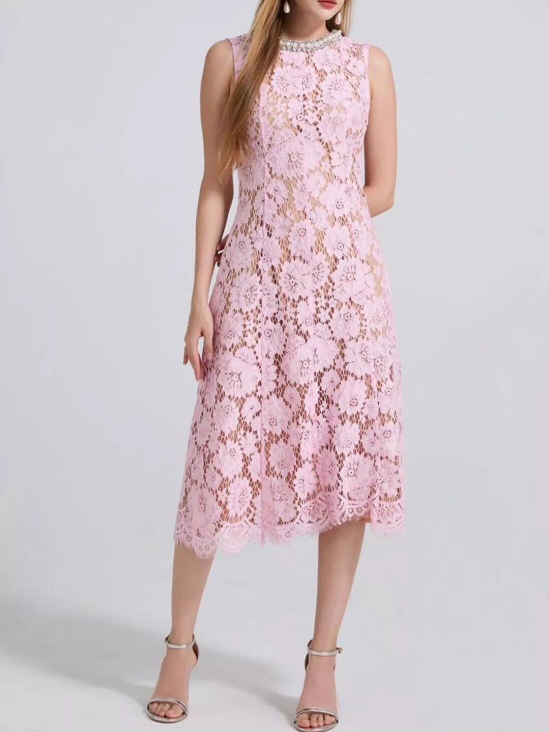 Sleeveless floral lace midi dress with pearl neckline
