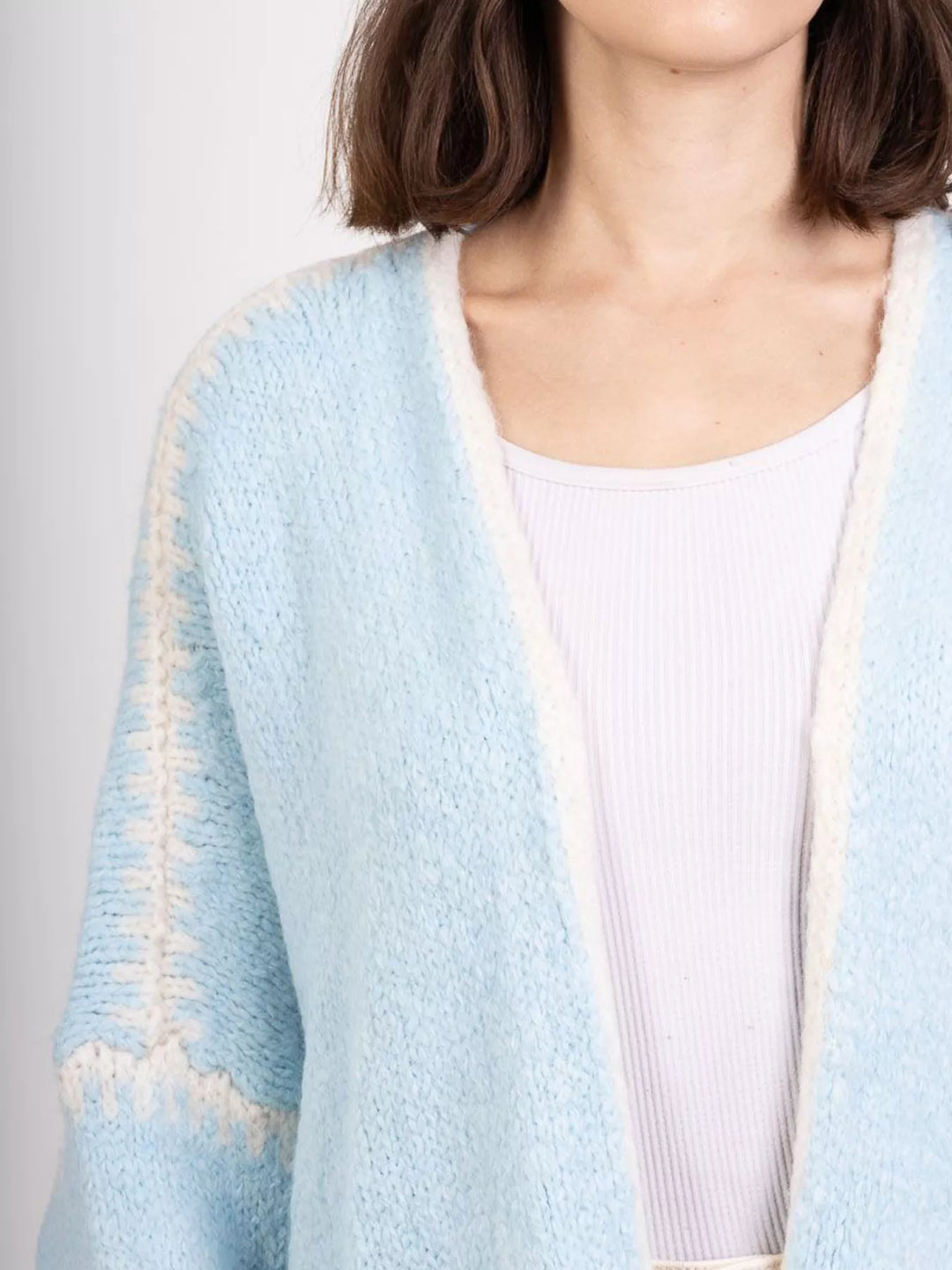 Contrast whipstitch trim open front knit cardigan