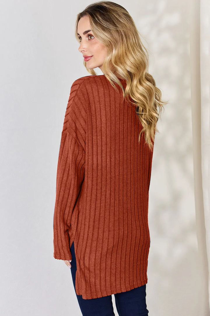 Ribbed knit half-button long sleeve high-low top