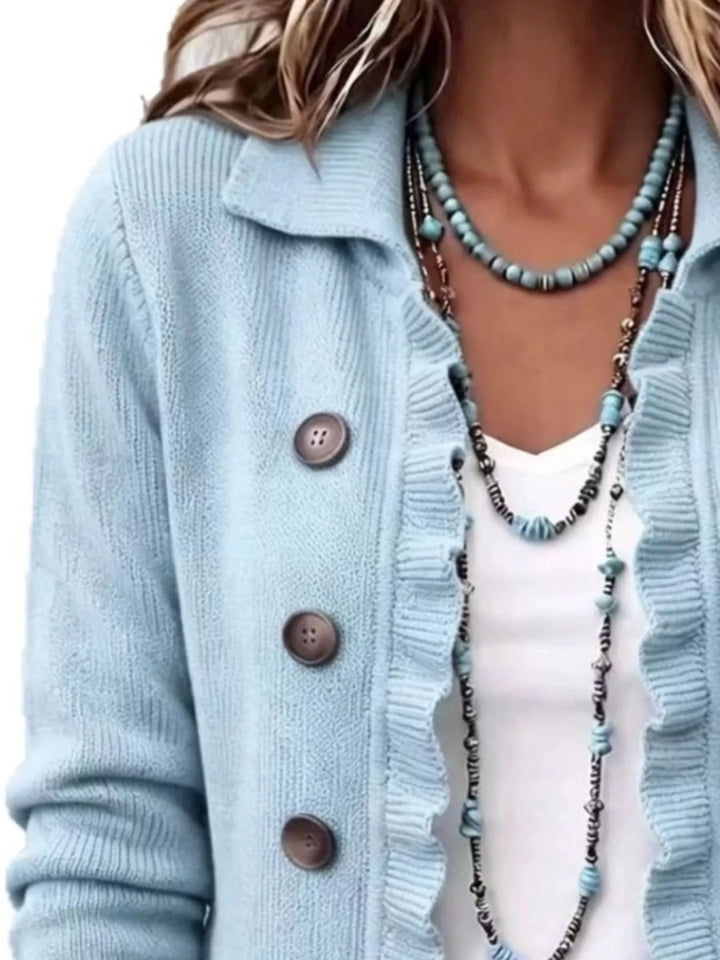 Ruffle trim knit cardigan with collar and decorative buttons