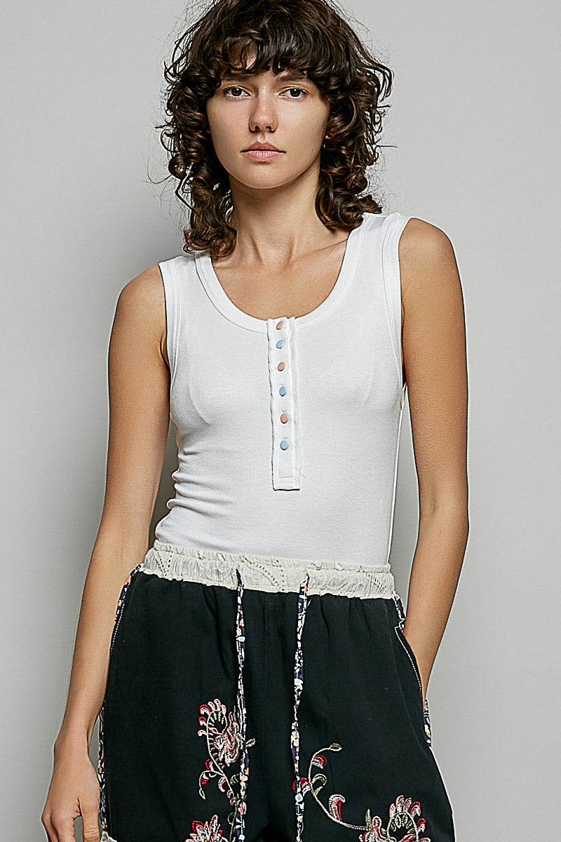 Ribbed knit tank with colorful buttons and raw-edge trim