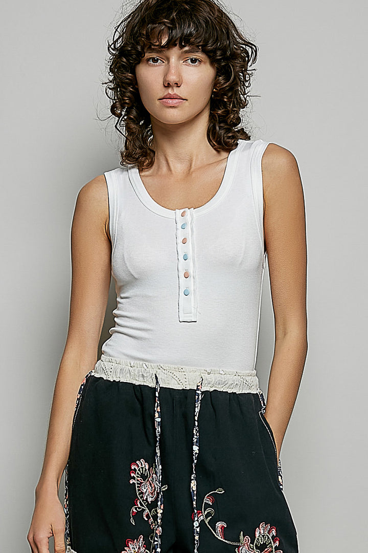Ribbed knit tank with colorful buttons and raw-edge trim