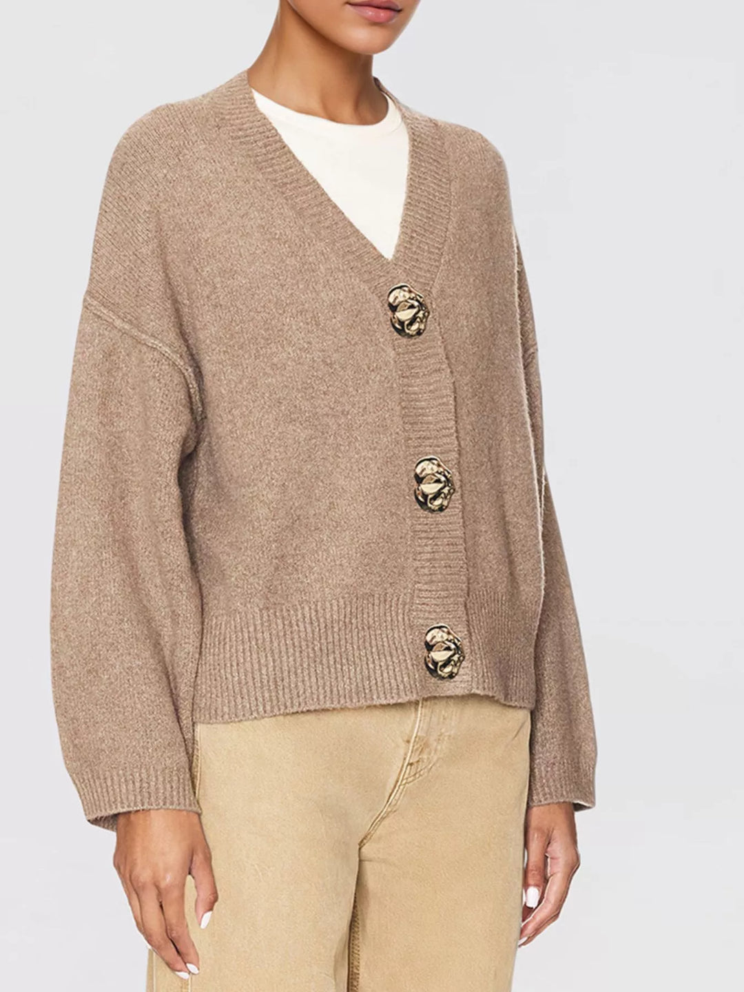 Gold button V-neck knit cardigan with drop shoulders