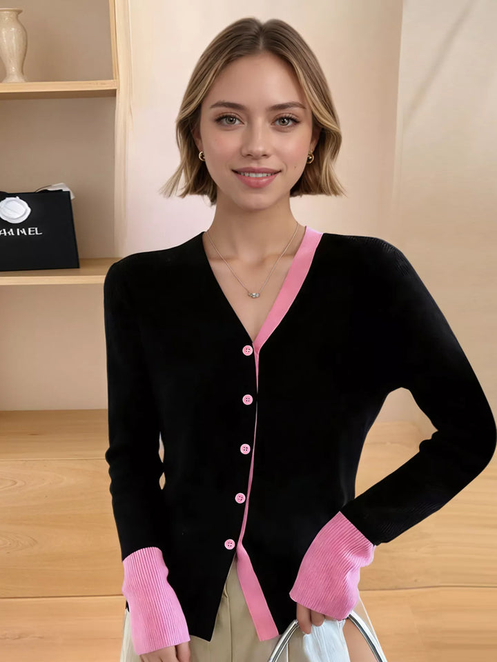 Contrast-trim ribbed knit V-neck button cardigan