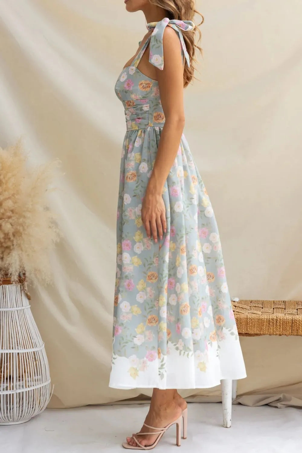 Floral tie-shoulder ruched midi cami dress