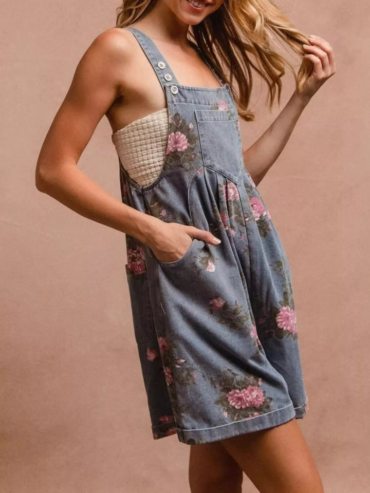 Floral print denim overall pinafore mini dress