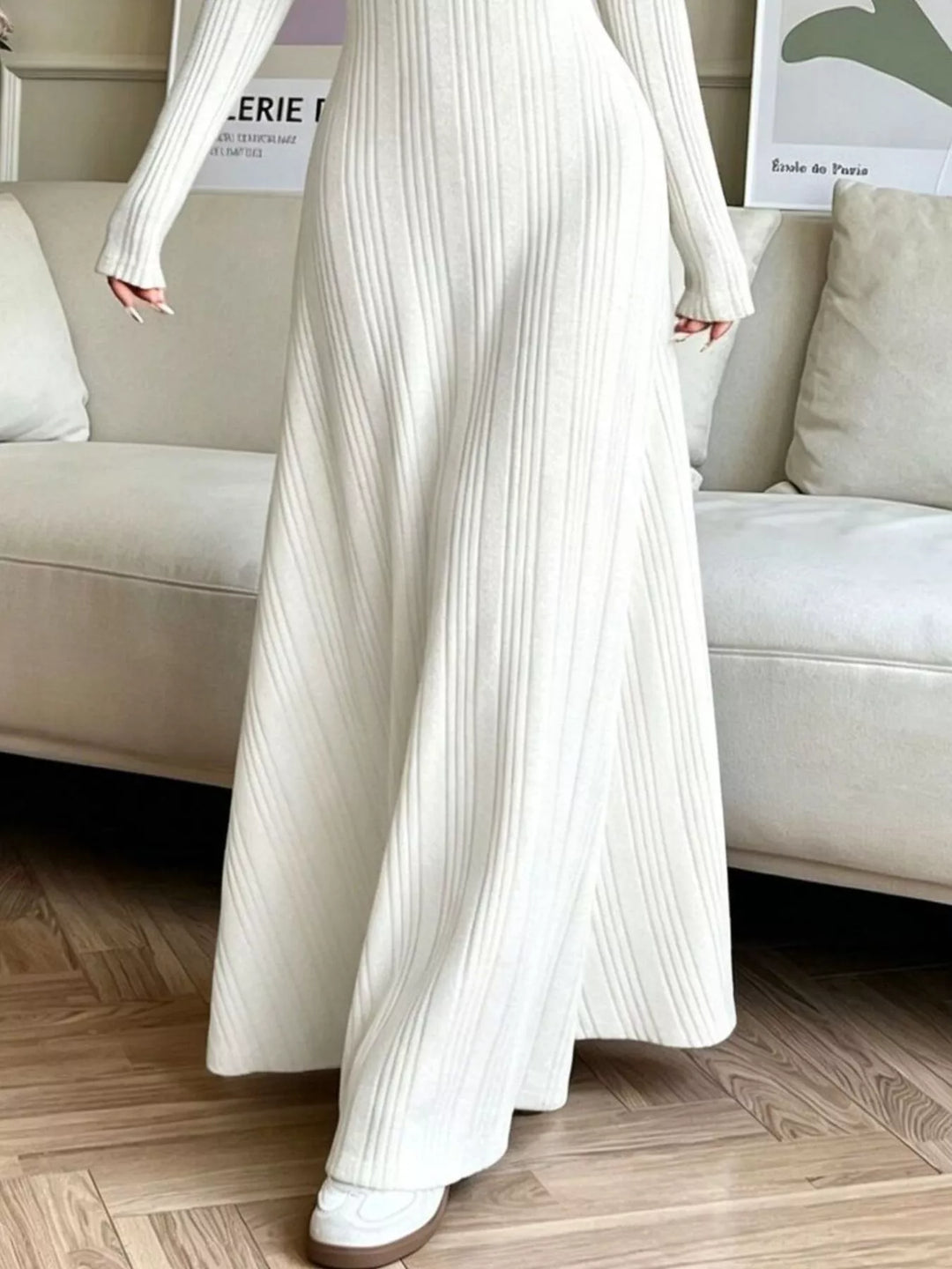 Ribbed knit long sleeve maxi dress with flared skirt