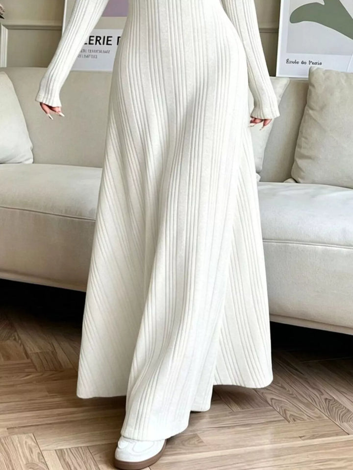 Ribbed knit long sleeve maxi dress with flared skirt