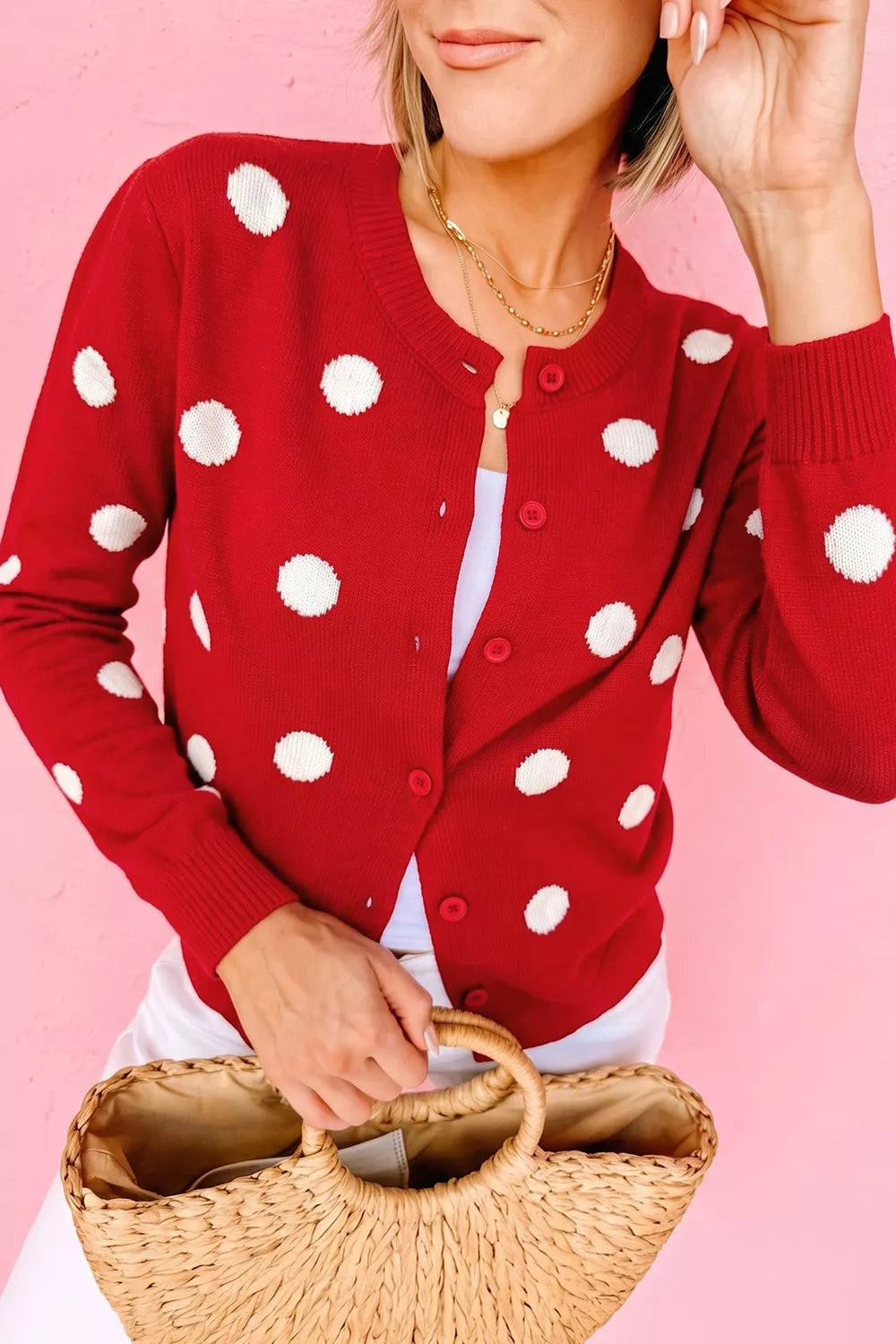 Polka dot knit button-front cardigan with ribbed trim