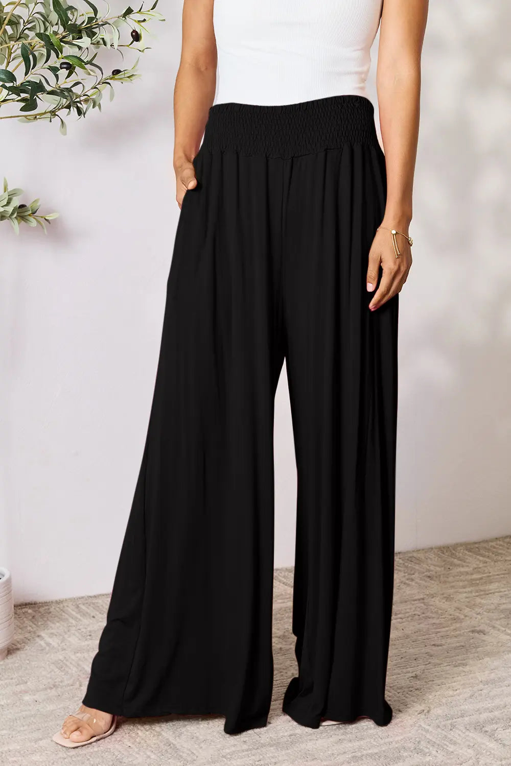 Black Smocked wide-waistband wide-leg jersey pants with pockets