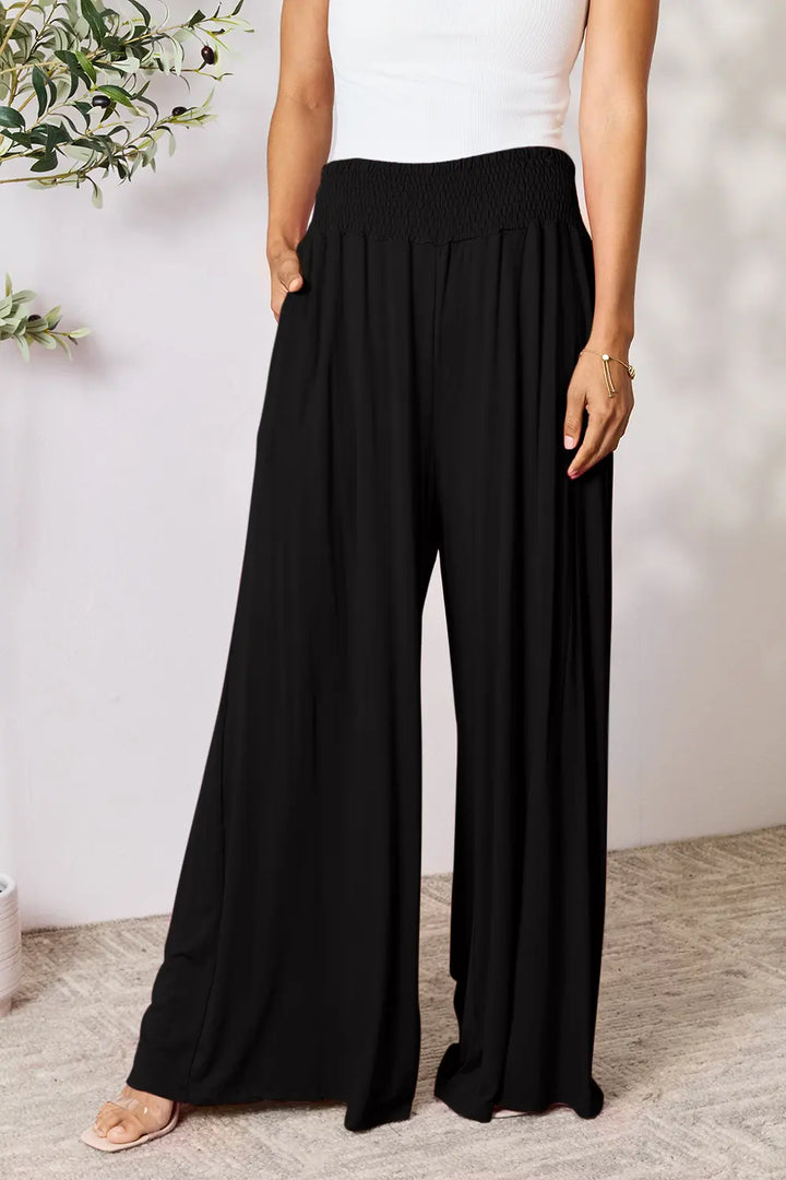Black Smocked wide-waistband wide-leg jersey pants with pockets