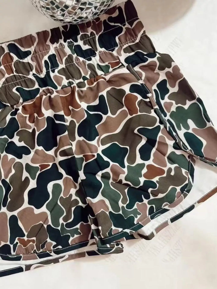 Camo print flowy running shorts with elastic waist
