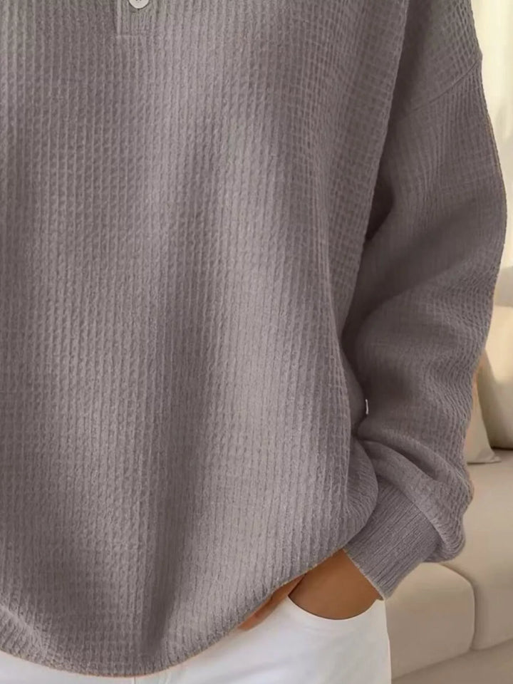Waffle knit collared pullover with button placket