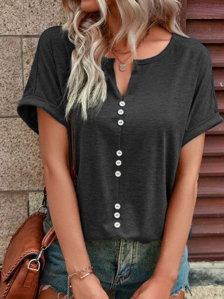Decorative button-front notch neck short sleeve tee