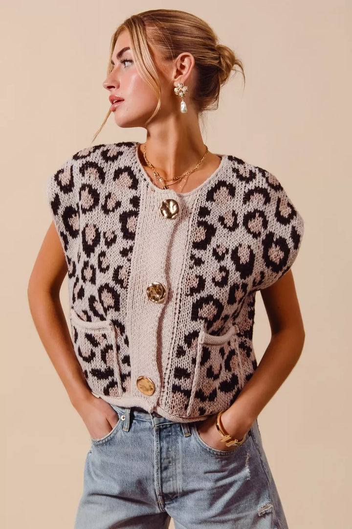 Leopard knit button-front sweater vest with gold buttons