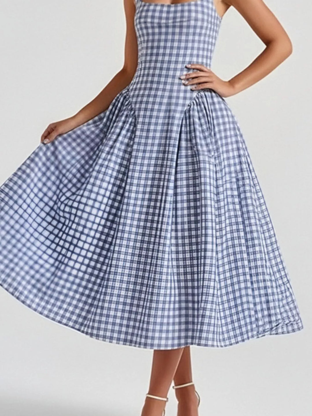 Plaid square-neck sleeveless fit-and-flare midi dress