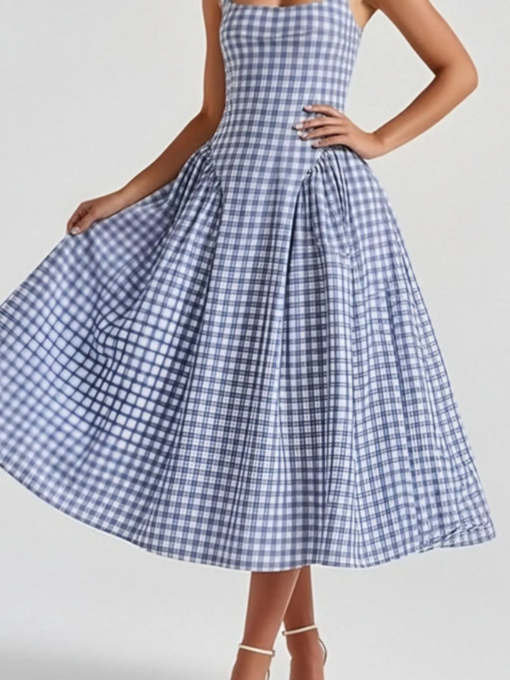Plaid square-neck sleeveless fit-and-flare midi dress