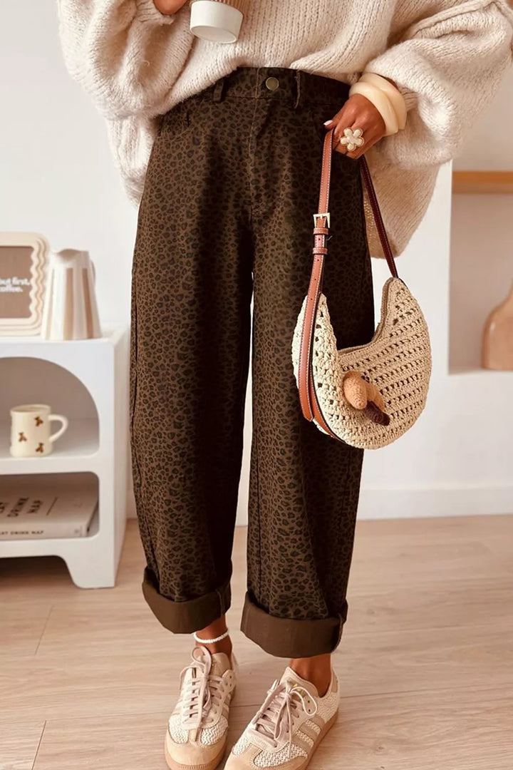 Coffee Brown Leopard print high-rise wide-leg jeans with cuffed hem