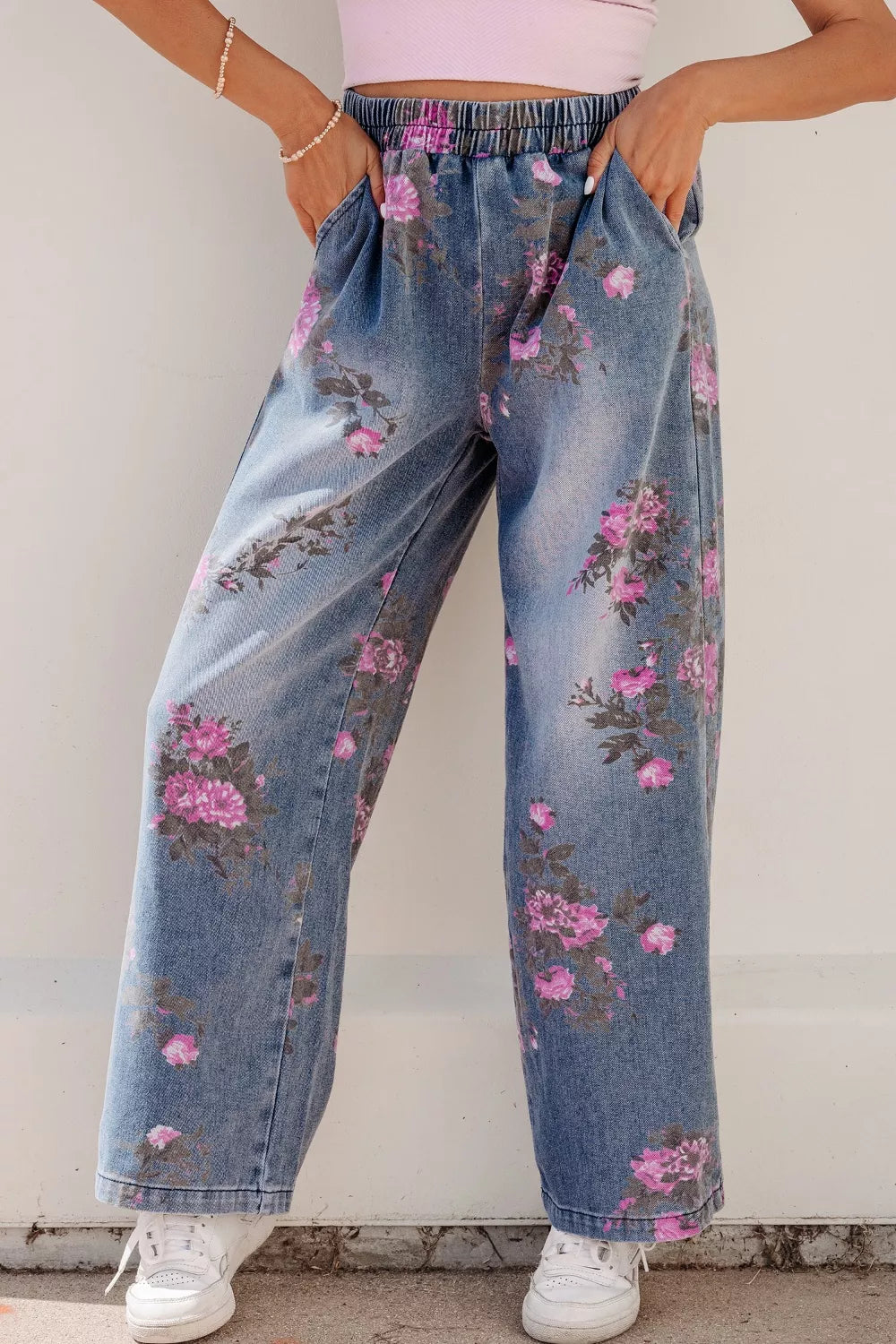 Floral print wide-leg elastic waist pull-on jeans