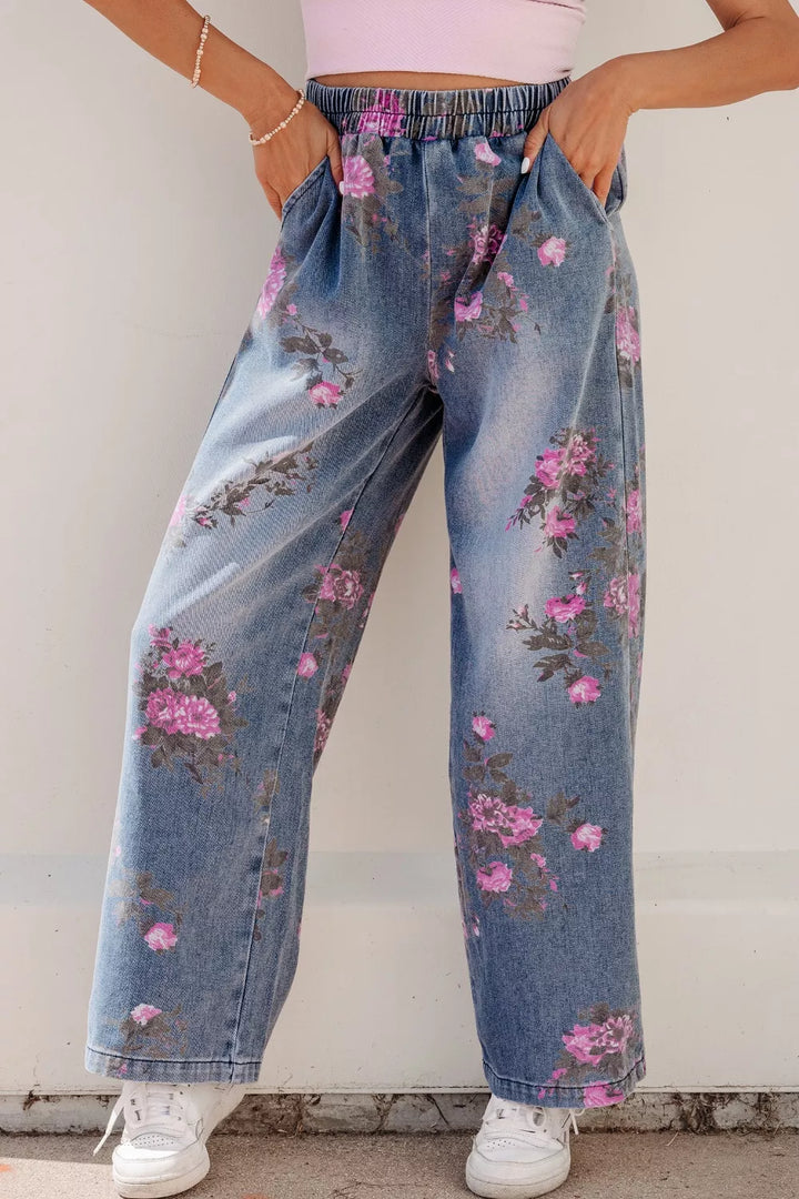 Floral print wide-leg elastic waist pull-on jeans